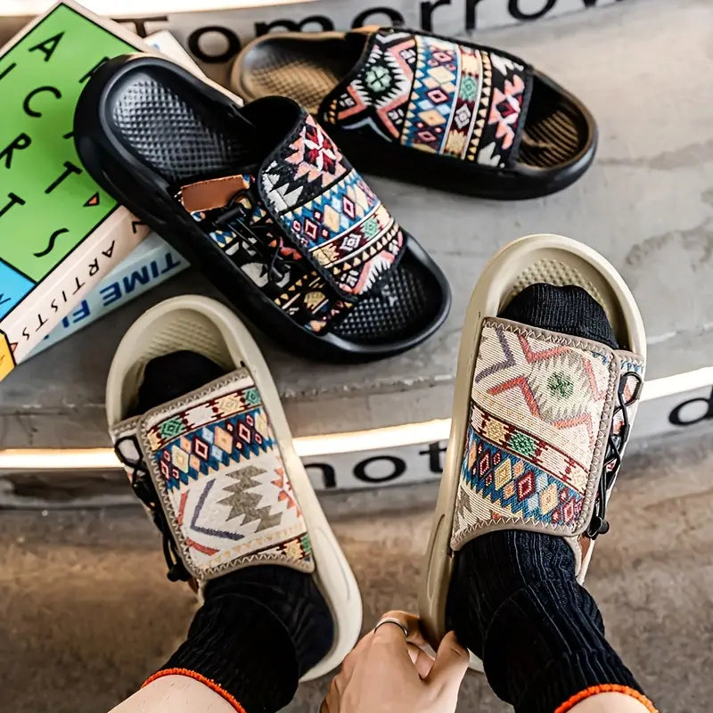 Men's Breathable Slip-On Open-Toe Sandals with Striped Pattern - Comfortable