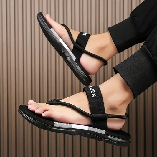 Men's Casual Flip Flops with Bold Letter Print & Striped Design - Durable Fabric Upper