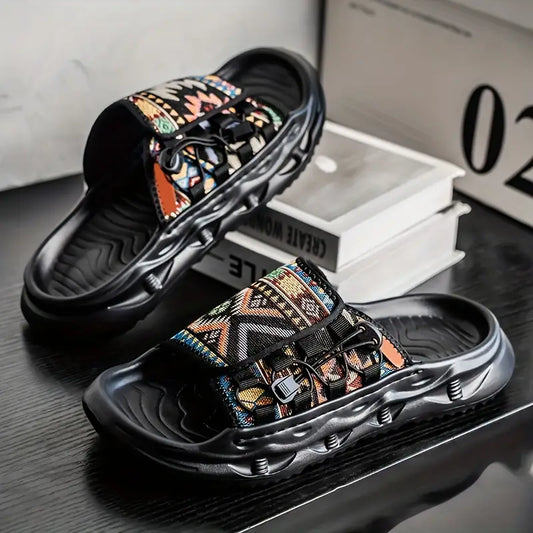 Men's Slip-On Sandals with Colorful Geometric Pattern - Soft EVA Sole