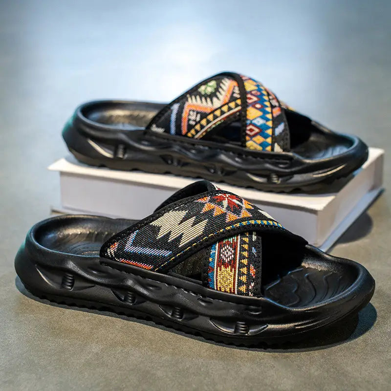 Men'S Summer Casual Sandals - Slip-On Embroidered Sandals Tpr Sole Sandals