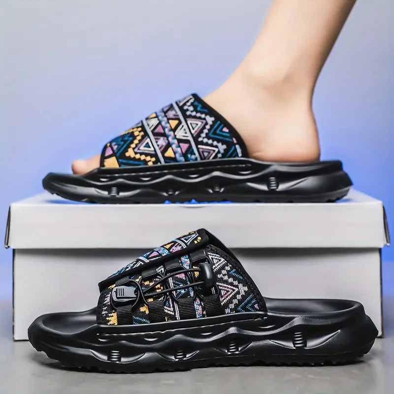 Men'S Stylish Slip-On Sandals - Comfortable Beach Shoes with Vibrant Geometric Pattern