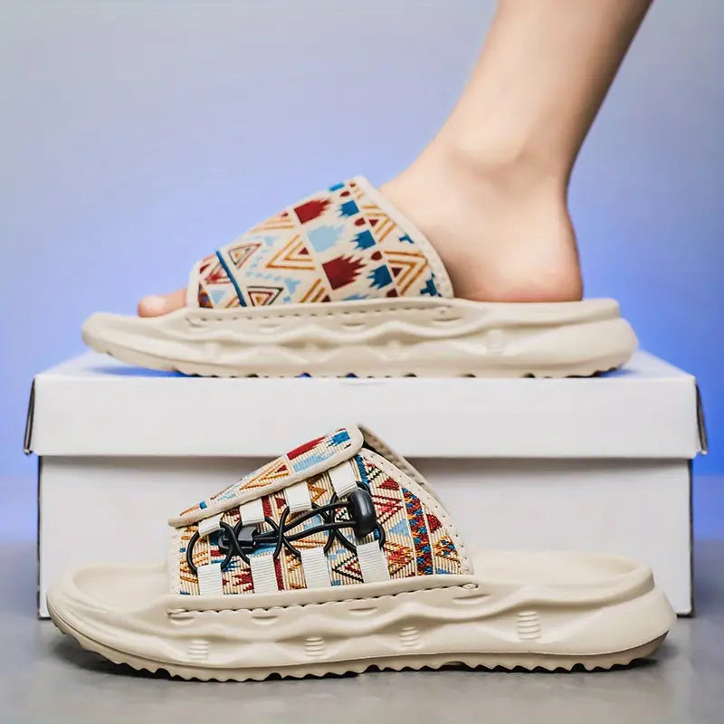 Men'S Stylish Slip-On Sandals - Comfortable Beach Shoes with Vibrant Geometric Pattern