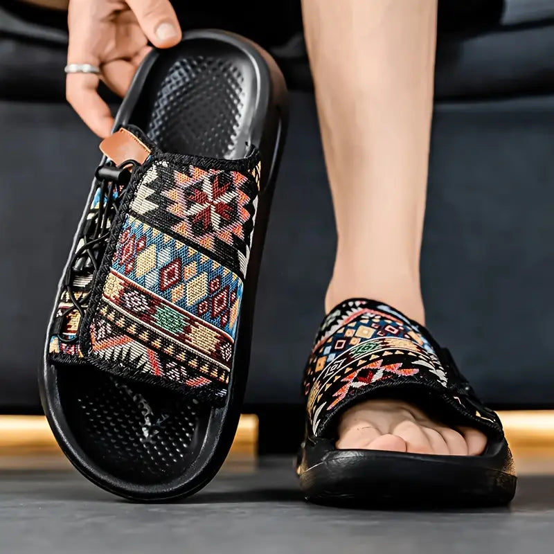 Men's Breathable Slip-On Open-Toe Sandals with Striped Pattern - Comfortable