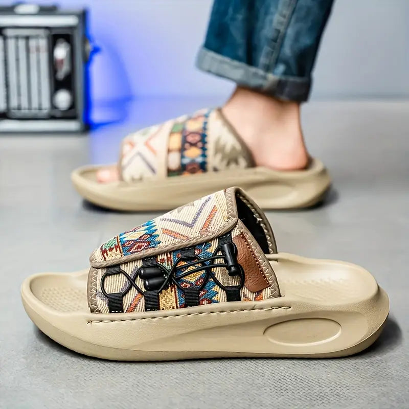 Men's Breathable Slip-On Open-Toe Sandals with Striped Pattern - Comfortable