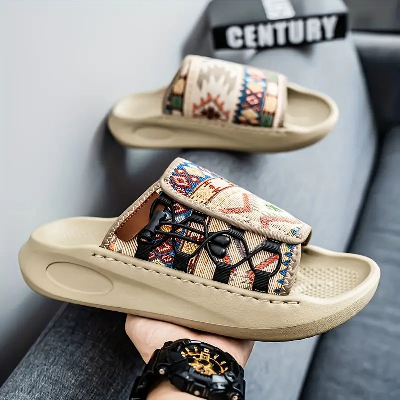 Men's Breathable Slip-On Open-Toe Sandals with Striped Pattern - Comfortable